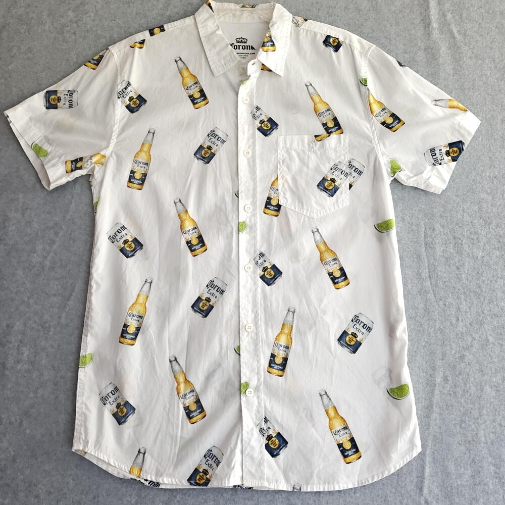 Corona Shirt Mens L White Beer Bottle Lime AOP Button Up Short Sleeve Official